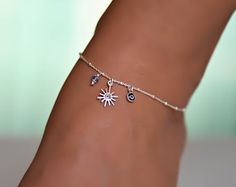 Evil Eye Sun Anklet Sterling Silver, Ankle Bracelet, Anklets for Women, Swarovski Birthstone Anklet, Evil Eye Jewelry