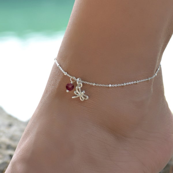 Dragonfly Ruby Anklet, Anklets pour femmes, Bracelet de cheville en argent sterling, Bracelet de cheville pour femmes, Bijoux Dragonfly