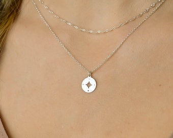 Sierlijke kompas hanger ketting, Sterling zilveren kompas ketting, kompas ketting vrouwen, dubbel gelaagde ketting set, kompas sieraden