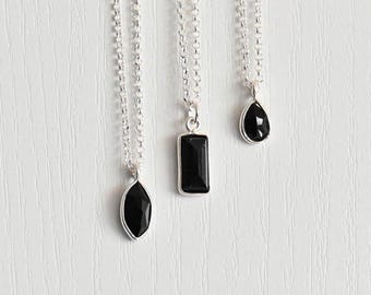 Dainty Simple Black Silver Onyx Pendant Necklace, Dainty Silver Necklace, Sterling Silver Necklaces for Women, Small Black Onyx Necklace