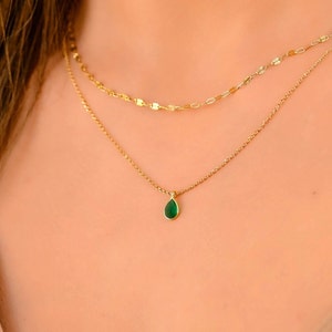 Gold Layered Necklace Set, Double Gold Necklaces for Women, Multi Strand Necklace, Emerald Green Stone Necklace, Teardrop Pendant Necklace