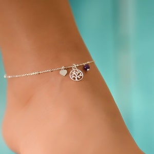 Tree of Life Amethyst Anklet, Anklets for Women, Ankle Bracelets for Women, Sterling Silver Beaded Ankle bracelet, Good Luck Charm Jewelry
