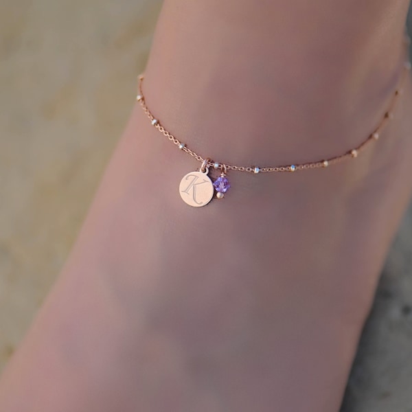 Initial Anklet Rose Gold, Anklet,  Ankle Bracelet, Anklets for Women, Swarovski Birthstone Anklet, Boho Anklets for Women