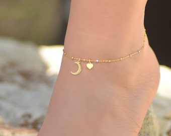 Moon Ankle Bracelet Gold,  Ankle Bracelet, Gold Anklets for Women, Moon and Heart Anklet, Ankle Bracelet for Women, Moon Jewelry