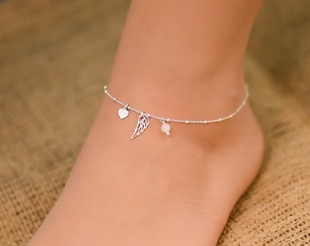 Angel Wing Anklet, Ankle Bracelet, Sterling Silver Anklet, Ankle Bracelets for Women, Beach Wedding