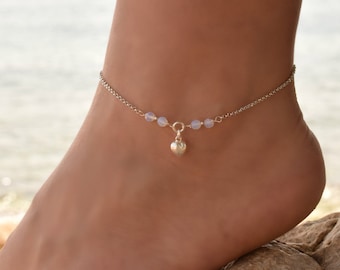 Heart Ankle Bracelet, Dainty Moonstone Anklet, Sterling Silver Anklets for Women, Boho Anklet Silver, Beach Anklet Beads, Silver Ankle Chain