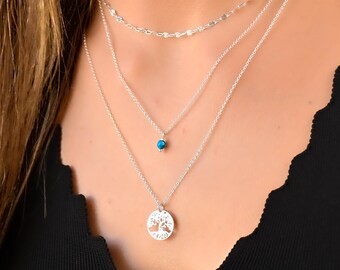 Multi gelaagde kettingen levensboom ketting, gelaagde ketting set Boho, multi strand ketting, sterling zilveren kettingen voor vrouwen