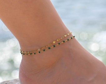 Tobillera de oro verde, tobillera, tobilleras para mujer, tobilleras boho de oro para mujer, pulsera de tobillo para mujer, conjunto de tobilleras de cadena multicapa delicada