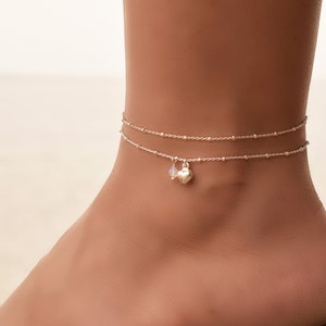 Tobillera Dainty Moonstone Heart, Tobilleras de corazón para mujeres, Pulsera de tobillo para mujeres, Tobillera de plata esterlina, juego de tobilleras de doble capa