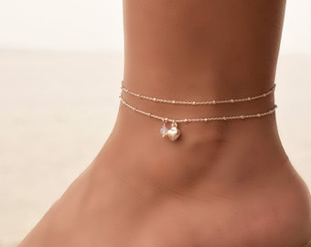 Dainty Moonstone Heart Anklet, Heart Anklets for Women, Ankle Bracelet for Women, Sterling Silver Anklet, Double Layered Anklet Set