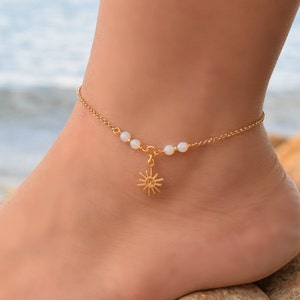 Gold Sun Beaded Anklet, Anklet, Moonstone Anklet, Boho Beaded Anklet, Anklets for Women, Gold Ankle Bracelet, Sun and Moon Anklet