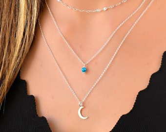 Turquoise Moon Necklace, Layered Necklace Set, Sterling Silver Necklace for Women, Pendant Charm Stone Necklace, Boho Jewelry Set