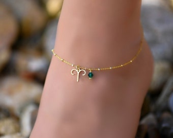 Aries Zodiac Birthstone Anklet, Dainty Emerald Crystal Birthstone Anklet, Ankle Bracelet, Gold Anklets for Women, Emerald Birthstone Jewelry