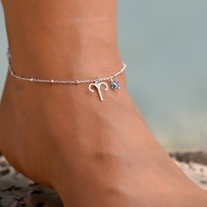 Aries Anklet, Anklets for Women, Sterling Silver Ankle Bracelet, Birthstone Anklet, Zodiac Charm Anklet, Birthstone Jewelry