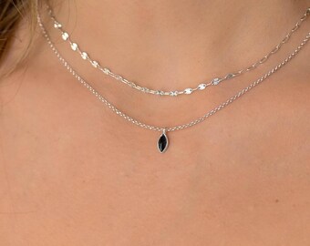 Dainty Simple Black Onyx Silver Necklace Set, Layered Silver Necklace Set, Tiny Black Onyx Pendant Sterling Silver Necklace