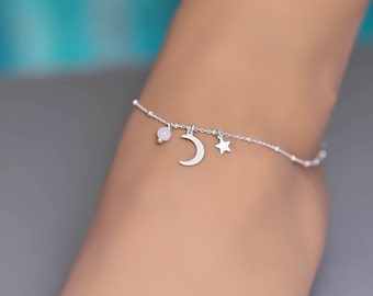 Bracelet de cheville céleste, étoile de lune, pierre de lune, bracelet de cheville, bracelets de cheville en argent pour femme, bracelet de cheville en argent sterling pour femme, bijoux célestes