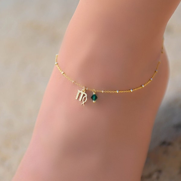 Gold Birthstone Zodiac Anklet, Gold Anklet, Gold Ankle Bracelet, Gold Anklets for Women, Zodiac Ankle Bracelet, Zodiac Jewelry