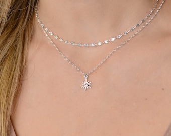 Sterling Silver Sun Necklace Set, Double Layer Silver Sun Necklace Set, Layered Necklace, Double Strand Necklace, Layered Necklace Set  Boho