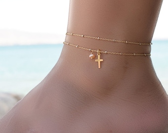 Dainty Gold Cross Anklet, Gold Anklets for Women, Gold Cross Ankle Bracelet, Double Layered Anklet, Ankle Bracelet Set