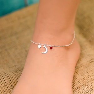 Moon Birthstone Anklet, Anklets for Women, Boho Anklets for Women, Silver Anklet,  Ankle Bracelet for Women