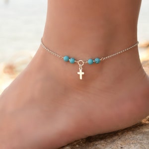 Silver Cross Anklet, Silver Anklets for Women, Anklet, Sterling Silver Ankle Bracelet for Women, Cross Ankle Bracelet, Turquoise Anklet