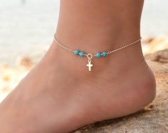 Silver Cross Anklet, Silver Anklets for Women, Anklet, Sterling Silver Ankle Bracelet for Women, Cross Ankle Bracelet, Turquoise Anklet