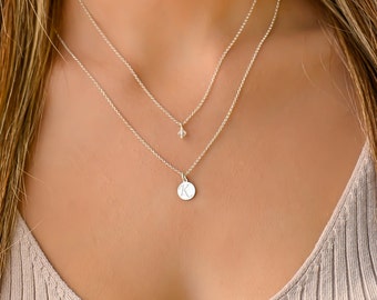 Delicado conjunto de collar de plata en capas, collares dobles para mujer, conjunto de collar de varias capas, collar de varias hebras de plata esterlina