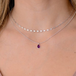 Peut inclure: Un ensemble de colliers argentés superposés. La couche supérieure présente une chaîne délicate avec de petits maillons ovales. La couche inférieure comporte un pendentif en forme de goutte d'eau avec une pierre précieuse violet foncé. Le collier est porté par une personne.