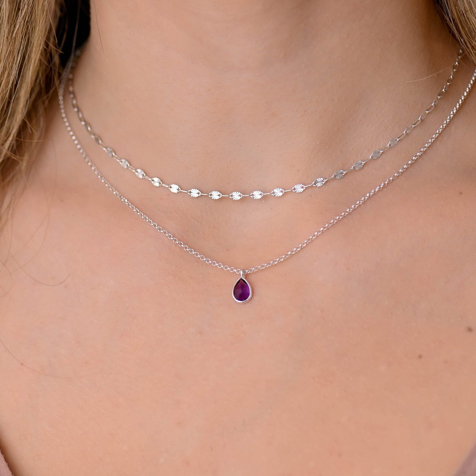 Zierliche Amethyst Teardrop Geburtsstein Halskette, Silber Layered Halskette Set, Amethyst Halskette, Amethyst Anhänger Halskette, Amethyst Schmuck
