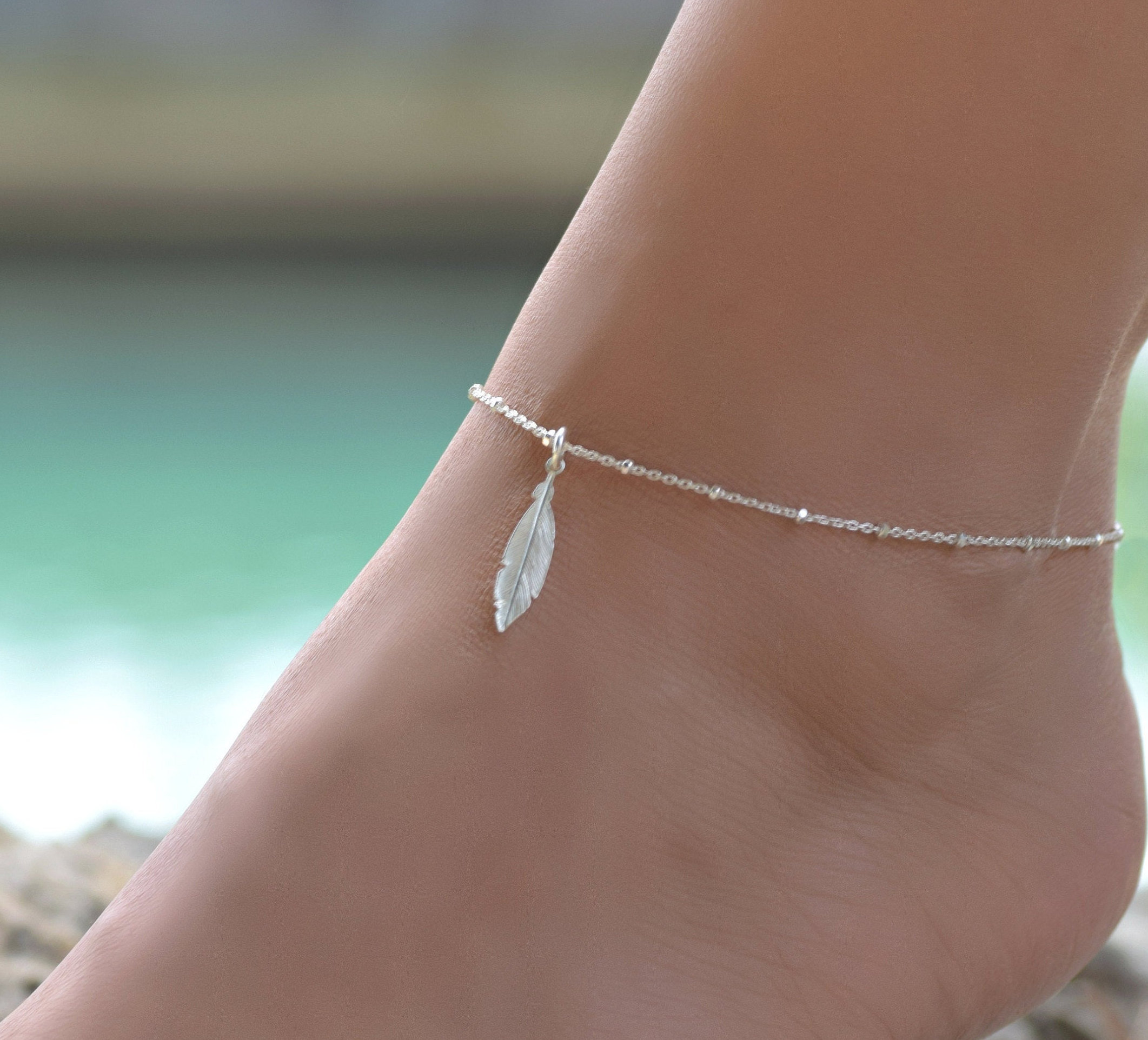 Dainty Boho Feather Anklet,  Anklet, Silver Anklets for Women, Boho Anklets for Women, Sterling Silver Ankle Bracelet for Women,
