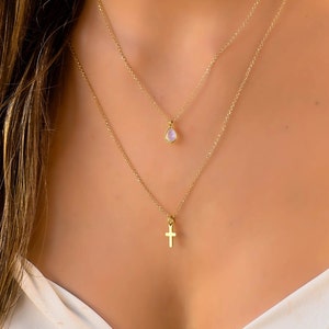 Double Layered Gold Cross Necklace Set, Gold Necklaces for Women, Multi Strand Necklaces, Dainty Layered Gold Necklace, Necklaces for Women