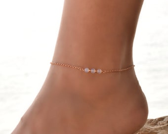 Dainty Moonstone Anklet, Rose Gold Anklet Bracelet for Women, Boho Anklet Beaded, Thin Chain Anklet With Small Beads