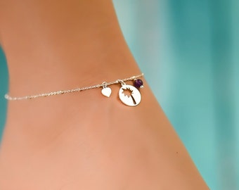 Palm Tree Anklet, Ankle Bracelet, Sterling Silver Anklet, Ankle Bracelets for Women, Beach Ankle Bracelet