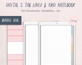 Grid and lined Digital Notebooks Bundle, 5 subjects tab notebook hyperlink tabs for Goodnotes, Digital covers and Stickers, Instant download
