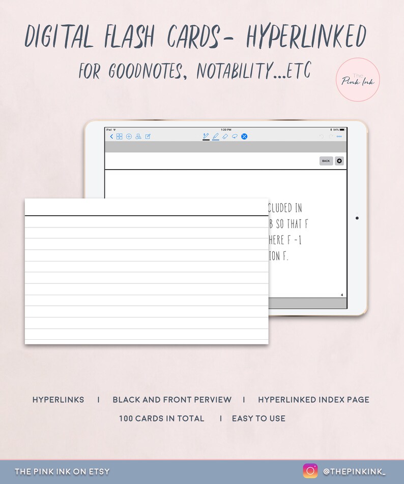 Lined Grid Digital Flash Cards, Hyperlinks, Flash Cards for Goodnotes
