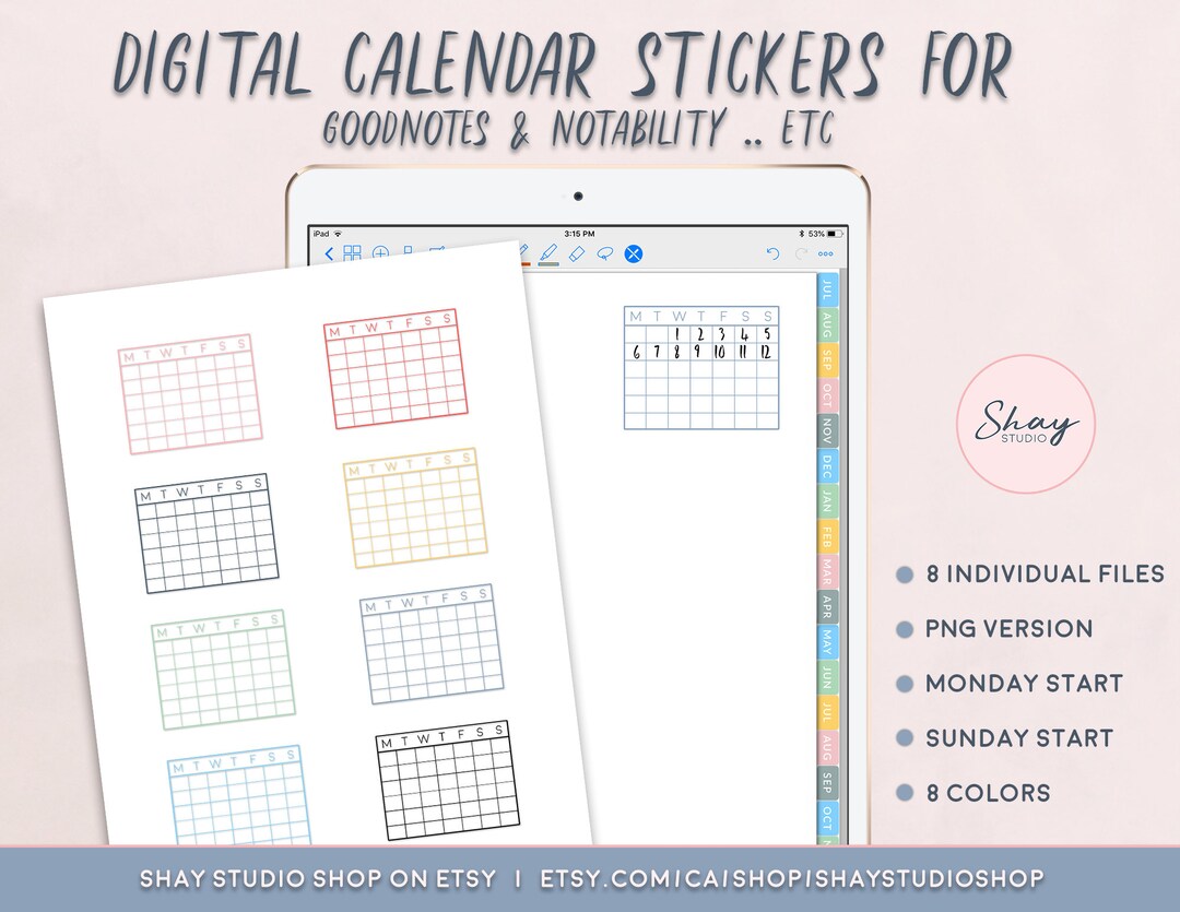 Digital Calendar Stickers for Goodnotes, Calendar Stickers Pack