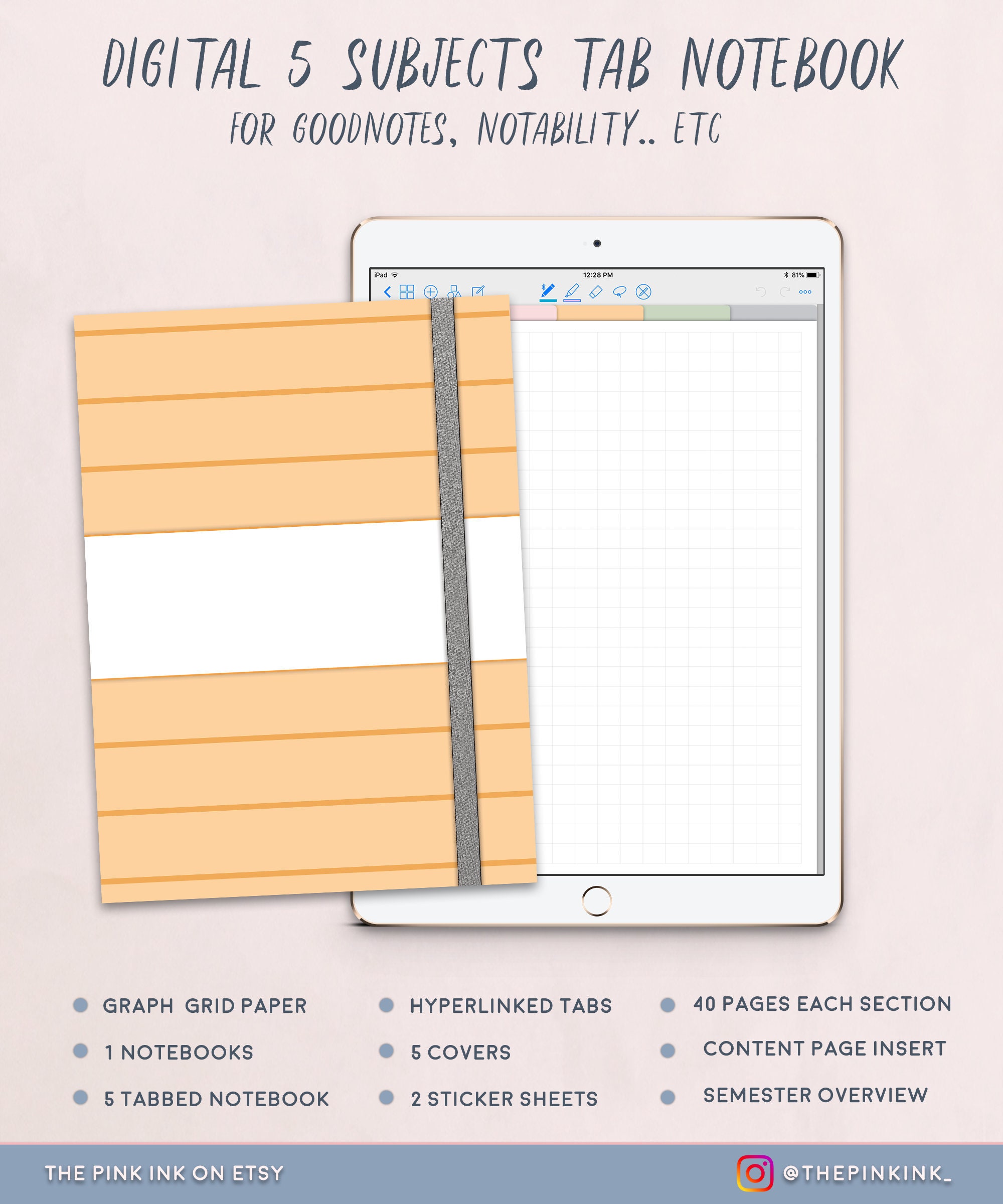 Digital Notebook 5 subjects tab notebook hyperlink & Etsy