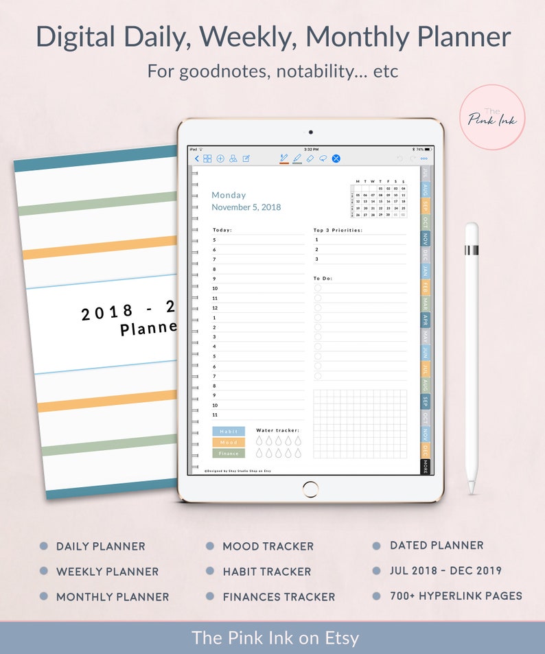 image regarding Digital Day Planner referred to as 2018 - 2019 Dated Electronic Day by day planner Weekly Planner, Regular planner for Goodnotes, links tabs planner, Digi Bujo, Immediate Obtain
