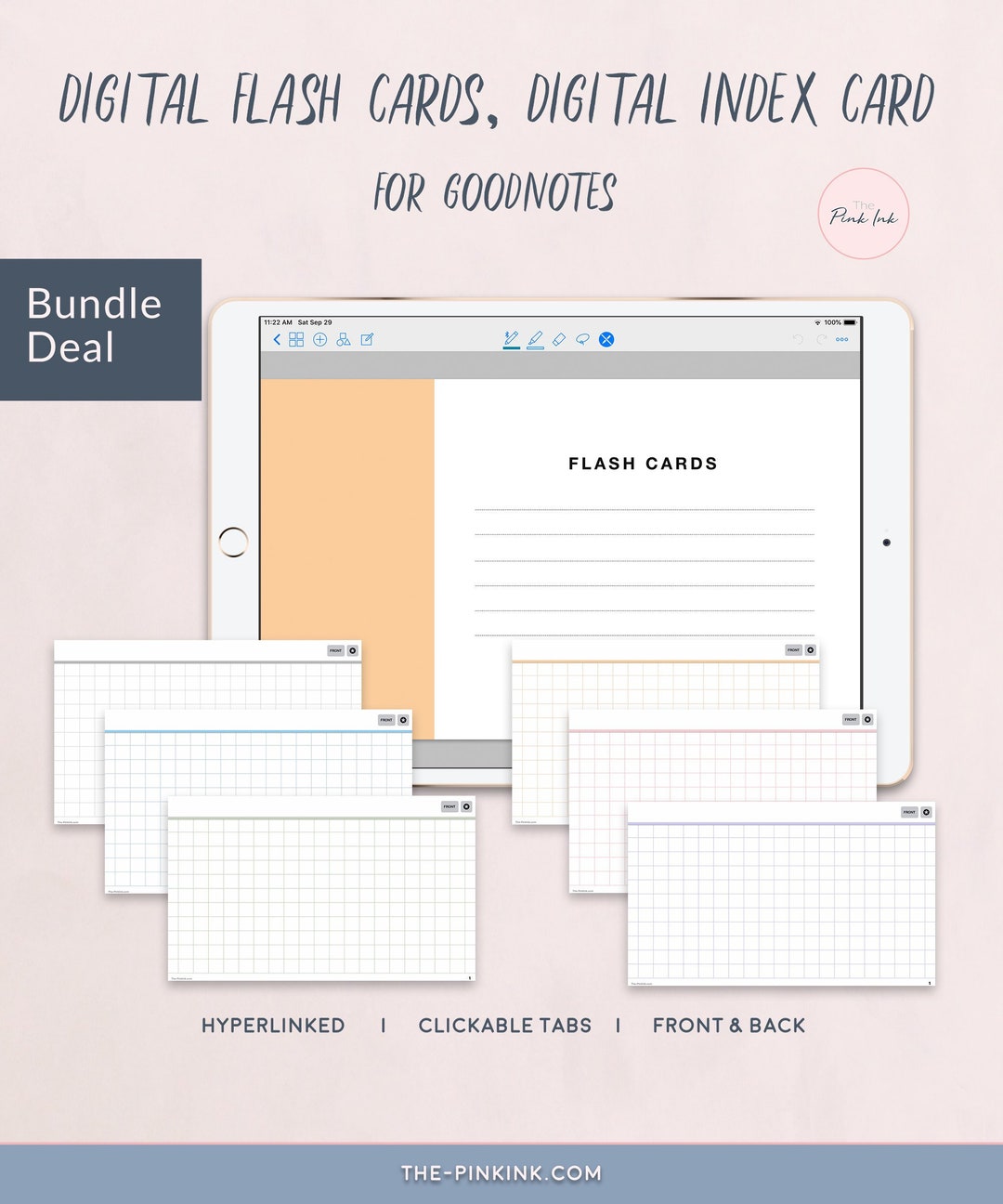 6 Grid Digital Flash Cards, Hyperlinks, Flash Cards for Goodnotes, Index Card, Digital Study