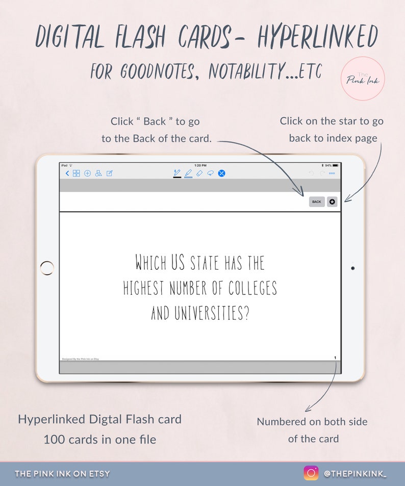 Digital Flash Cards, Hyperlinks, Flash Cards for Goodnotes, Index Card