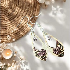 Wooden Flower Earrings with Crystal, Hand Painted Botanical Drop Earring Light weight Jewelry, Nature Lover