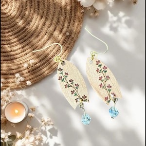 Hand-Painted Wooden Earrings – Floral Vine Design with Crystal Bead, Lightweight Bohemian Jewelry