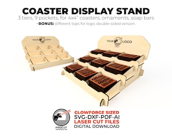 Coaster Display Stand SVG Laser Cut Files | Countertop Soap Display Shelf Glowforge files | Craft Show Vendor Display dxf | Retail Riser