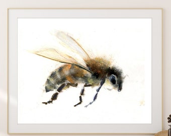 Honey bee Print,  Honey bee wall art decor, insect drawing horizontal print, Realist illustration artwork, Bee painting