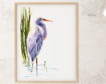 Heron Art Print, Watercolor Wading Bird And Reeds Painting, Bathroom Wall Art Decor, Abstract Minimalist Background, Heron Artwork Gift Idea