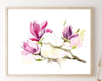 Magnolia Branch Watercolor Print, Japanese Blooming Cherry Blossom Pink Flowers Painting Spring Home Decor