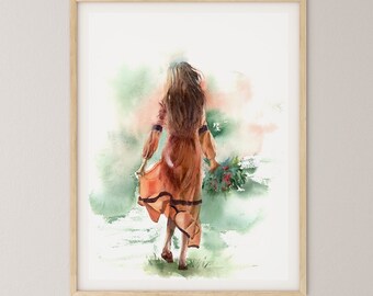 Figurative Art Print, Abstract Background, Woman Watercolor Print,  Reddish Orange And Green People Painting Artwork,  Living Room Decor