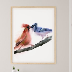 Cardinal and Blue Jay Print, Love Birds Wall Art, Watercolor Painting Print, Birds Artwork, Kissing Birds