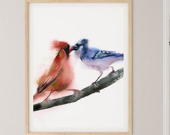 Cardinal and Blue Jay Print, Love Birds Wall Art, Watercolor Painting Print, Birds Artwork, Kissing Birds, Bird Lover Gift