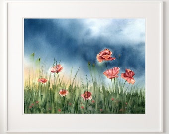 Watercolor Poppies Landscape Art Print, Red Flowers Painting, Nature Living Room Wall Art Decor, Indigo, Green, Red Colors Modern Artwork